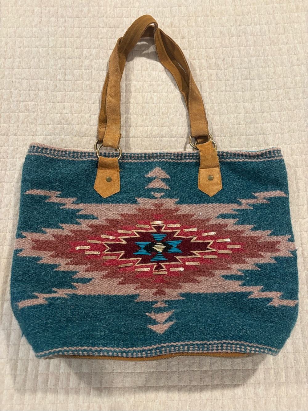 Scully Teal Aztec Tote with Tan Straps and Multicolor Motif